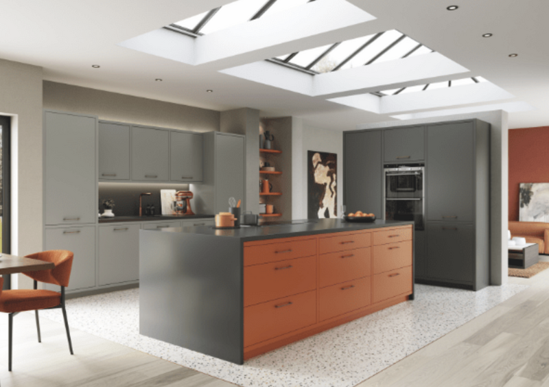 grey-kitchen-with-orange-island-under-skylights What a Derby Fitted Furniture Price Includes, and What It Doesn't