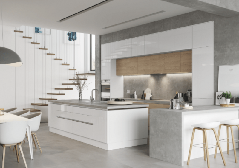 white-gloss-kitchen-with-floating-staircase How a Derby Fitted Furniture Project Actually Runs